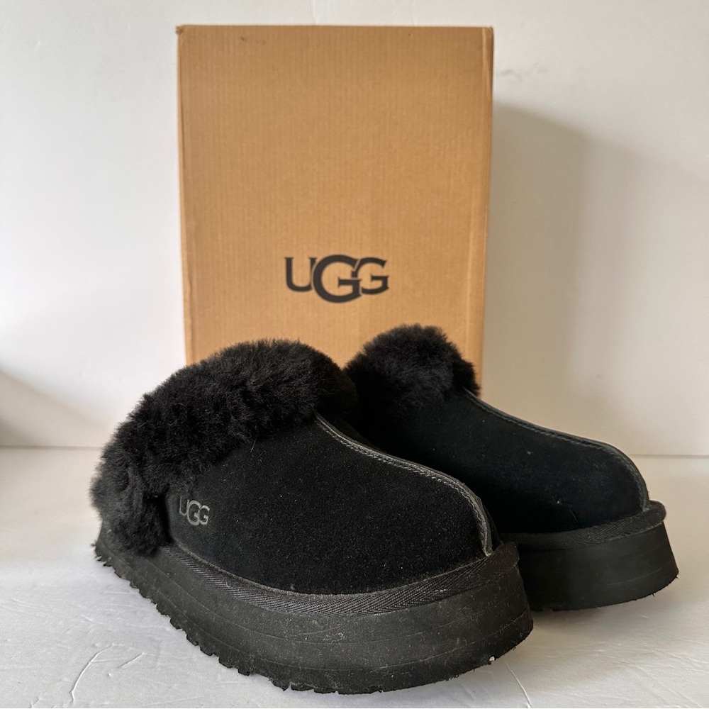 UGG Disquette Platform Slippers Sheepskin And Suede Women's Size 9 Black 1122550 - Picture 4 of 14